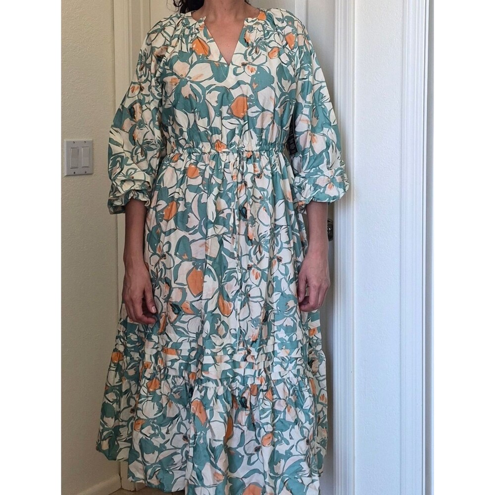 June + Vie Reglan Puff Sleeve Floral Maxi Cotton Dress Sz 10/12 -Large